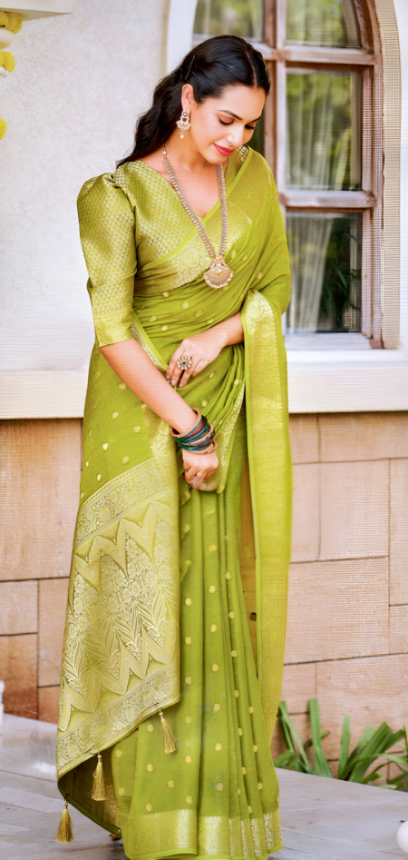 Elegant Lime Green Silk Saree with Gold Zari Butti & Rich Border