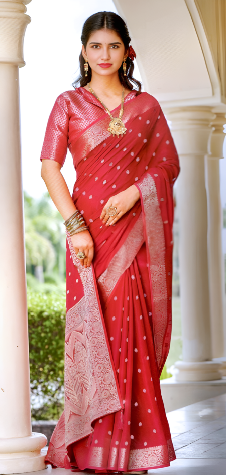 Classic Red Silk Saree with Silver Zari Butti and Rich Border