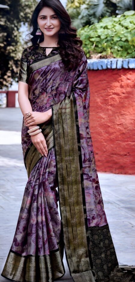Elegant Mauve Floral Saree with Rich Zari Border