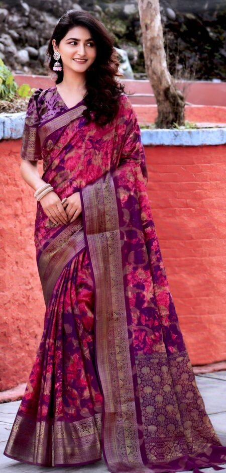 Elegant Floral Silk Saree with Rich Zari Border – Wine & Plum