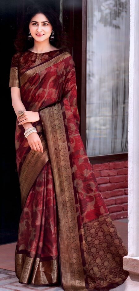 Royal Maroon Floral Silk Saree with Antique Zari Border
