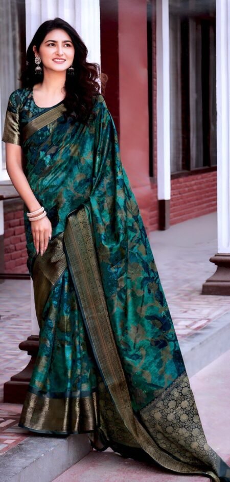 Elegant Emerald Green Floral Silk Saree with Rich Zari Border
