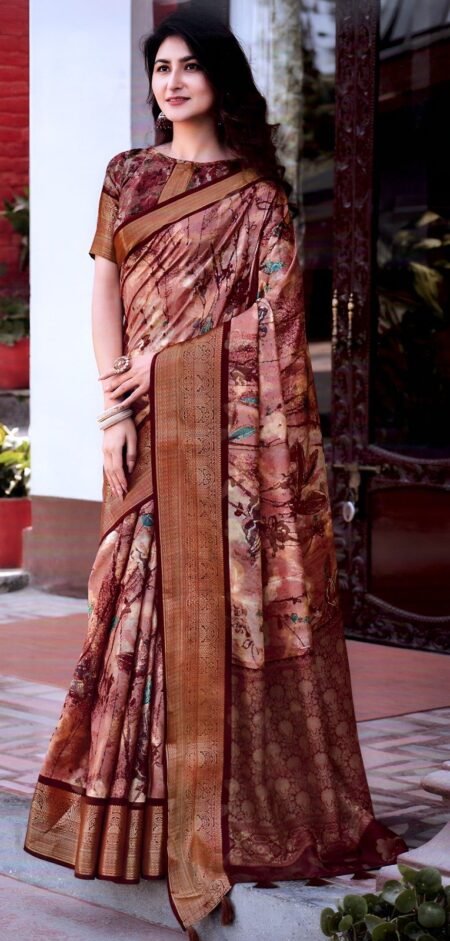 Elegant Coffee Brown Floral Silk Saree with Antique Zari Border