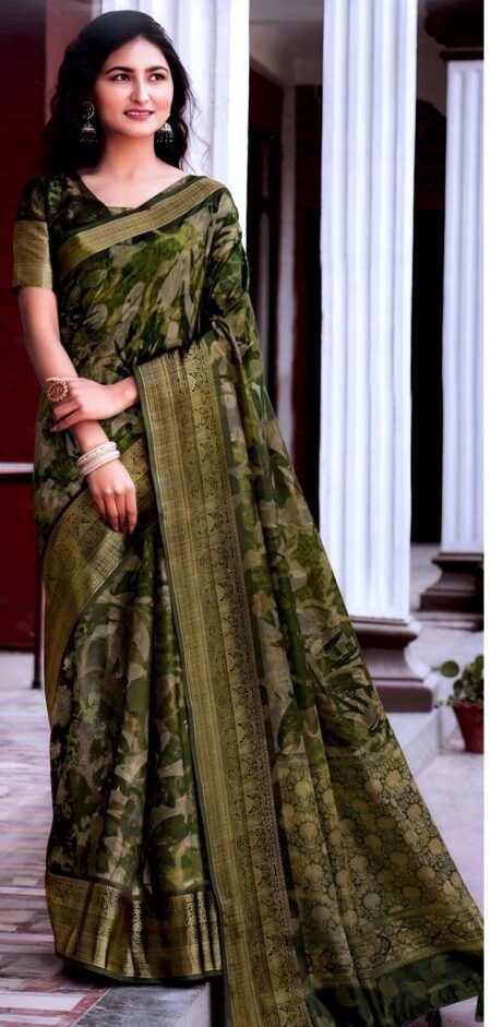 Elegant Olive Green Floral Silk Saree with Antique Zari Border