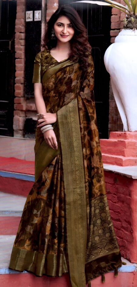 Classic Bronze Brown Floral Silk Saree with Rich Antique Zari Border