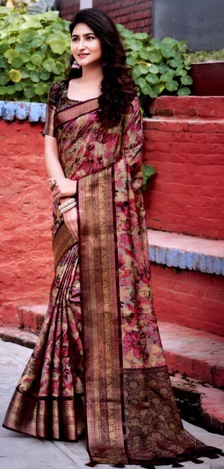 Elegant Rose Gold Floral Silk Saree with Antique Zari Border