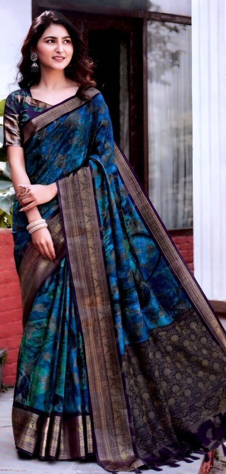 Royal Teal Blue Floral Silk Saree with Antique Zari Border