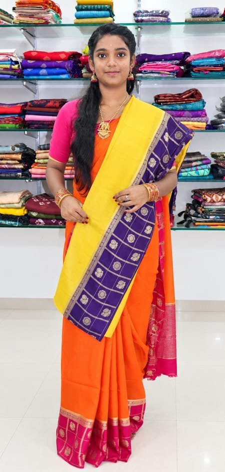 Yellow & Purple Floral Border Silk Saree