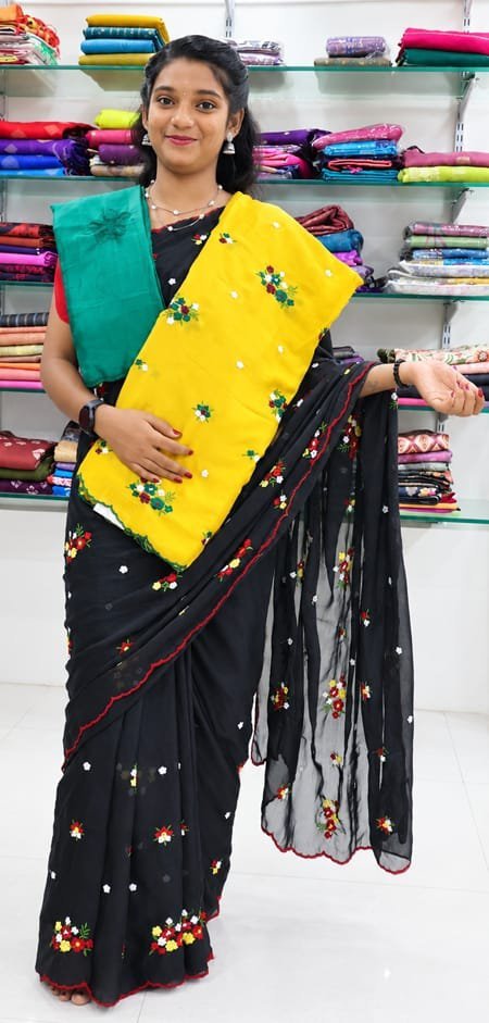 Mustard Yellow Floral Embroidered Saree