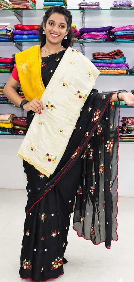 Ivory Floral Embroidered Saree