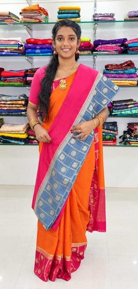 Rani Pink & Blue Zari Border Silk Saree