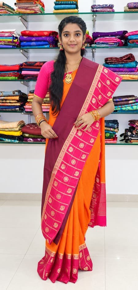 Wine & Pink Floral Border Silk Saree