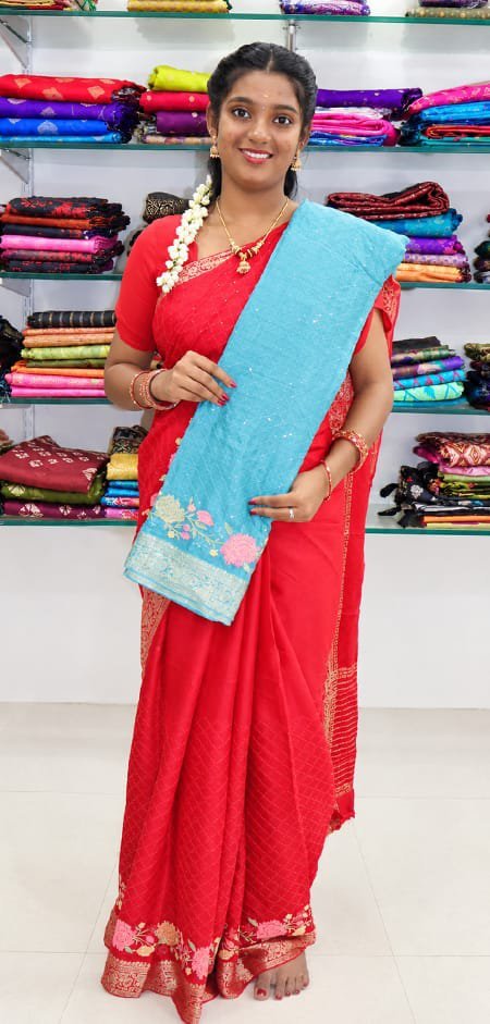 Sky Blue Floral Zari Saree