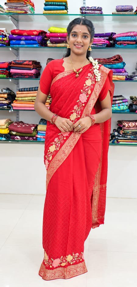Red Floral Zari Saree