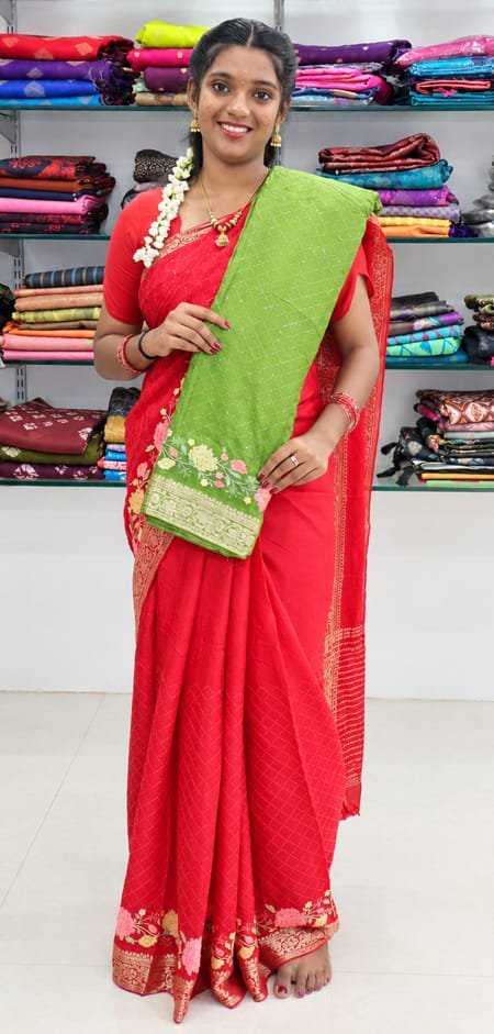 Parrot Green Floral Zari Saree