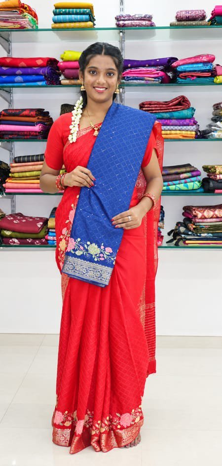 Royal Blue Floral Zari Saree